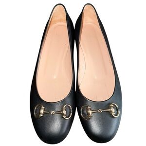Gucci Black Leather Horsebit Ballet Flats - Classic Almond Toe Size 37.5